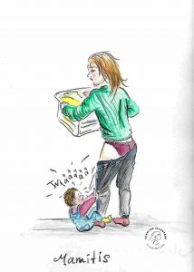 Mama mit Wäschekorb, Kind hängt an Mamas Bein