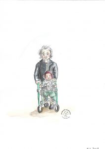 Oma und Baby mit Rollator unterwegs